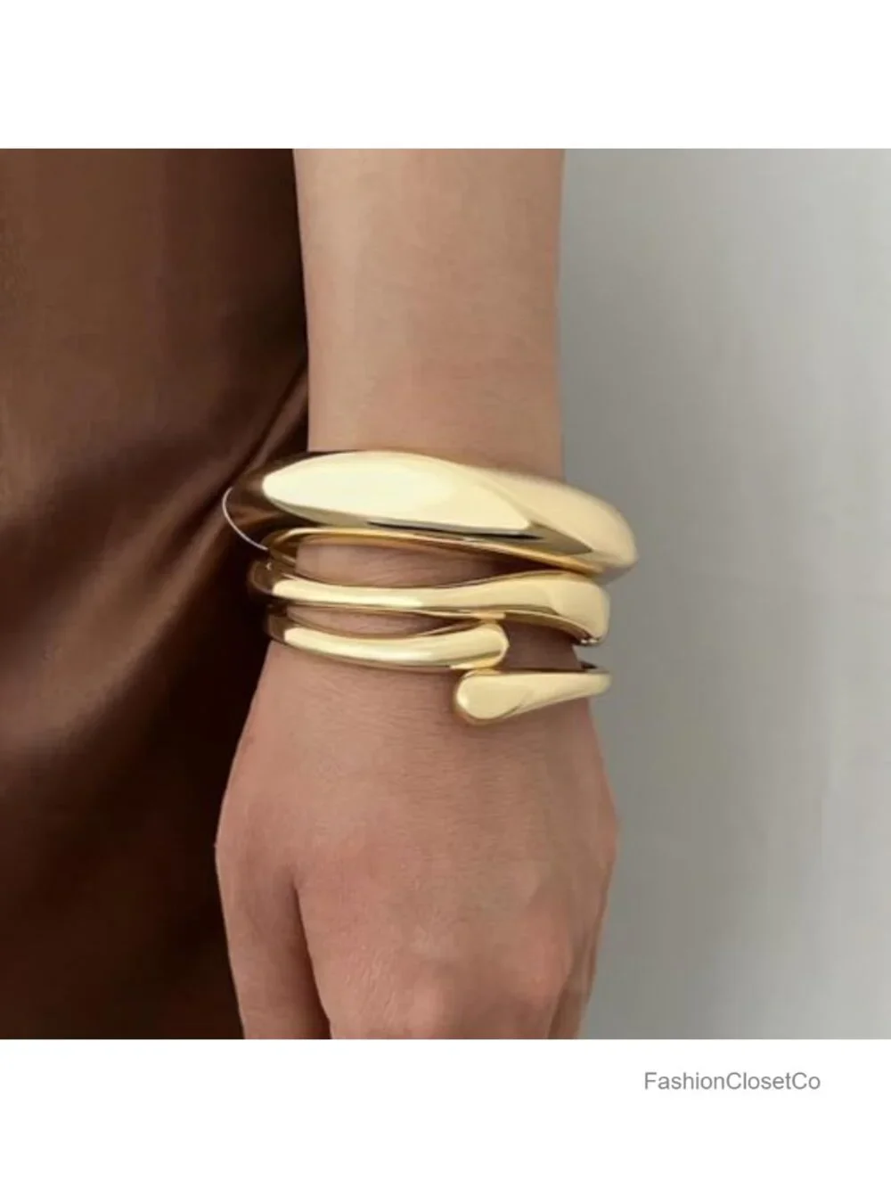 14K Gold Plated Stackable Open Cuff Bangle Bracelet Set, Adjustable Link